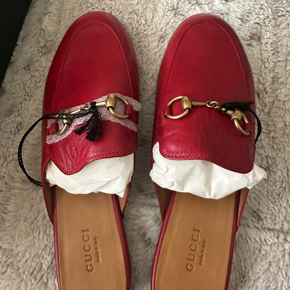 Gucci Red Leather Flats with Gold Horsebit Detail